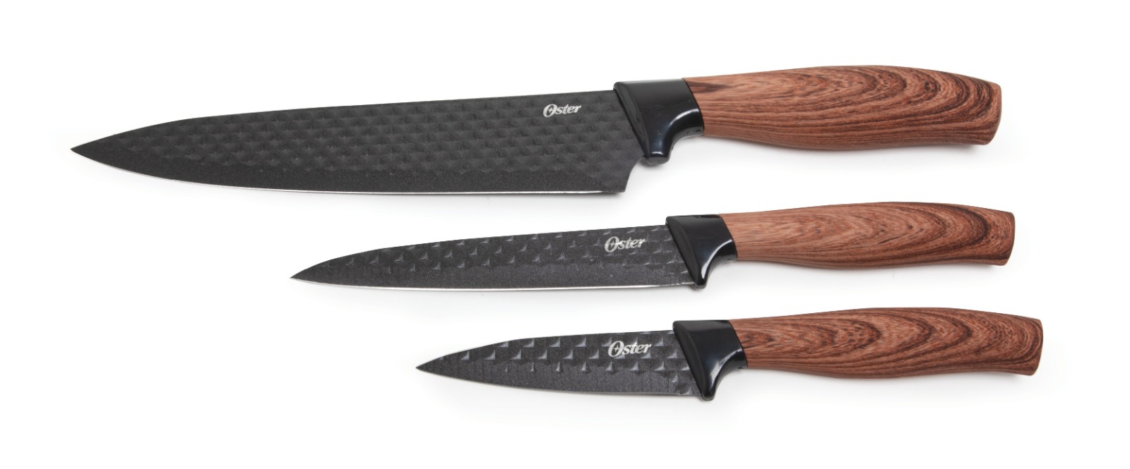 A set of 3 knives of various lengths with a wooden handle.